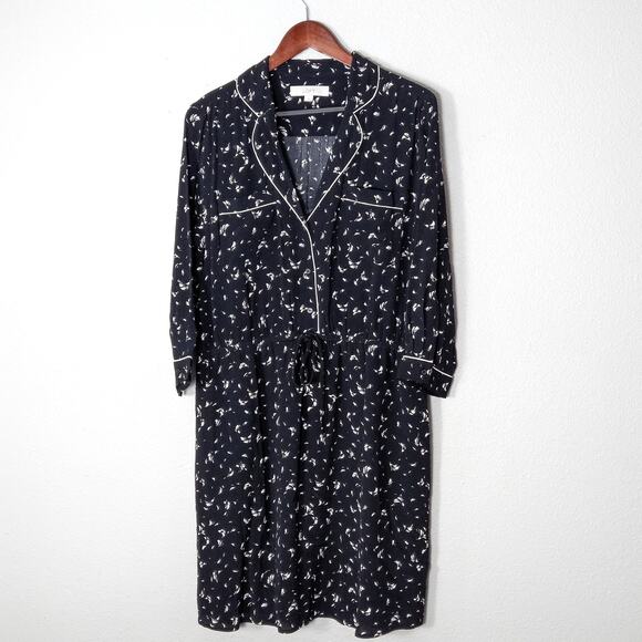 LOFT Women’s Dress Modern Classic Relaxed Minimalist Black Print Piped Trim L - Picture 1 of 11